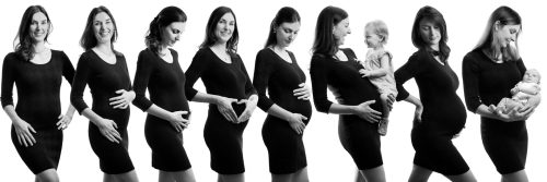 Zeitrafferaufnahme der Schwangerschaft, der Babybauch wächst in 8 einzelnen Bildern, die in einer Fotocollage zusammengefügt wurden